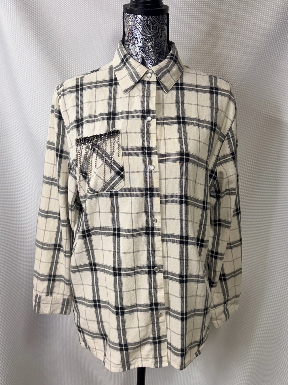 Altar'd State Black and White Plaid Button-Down Shirt with Chain Fringe Pocket
